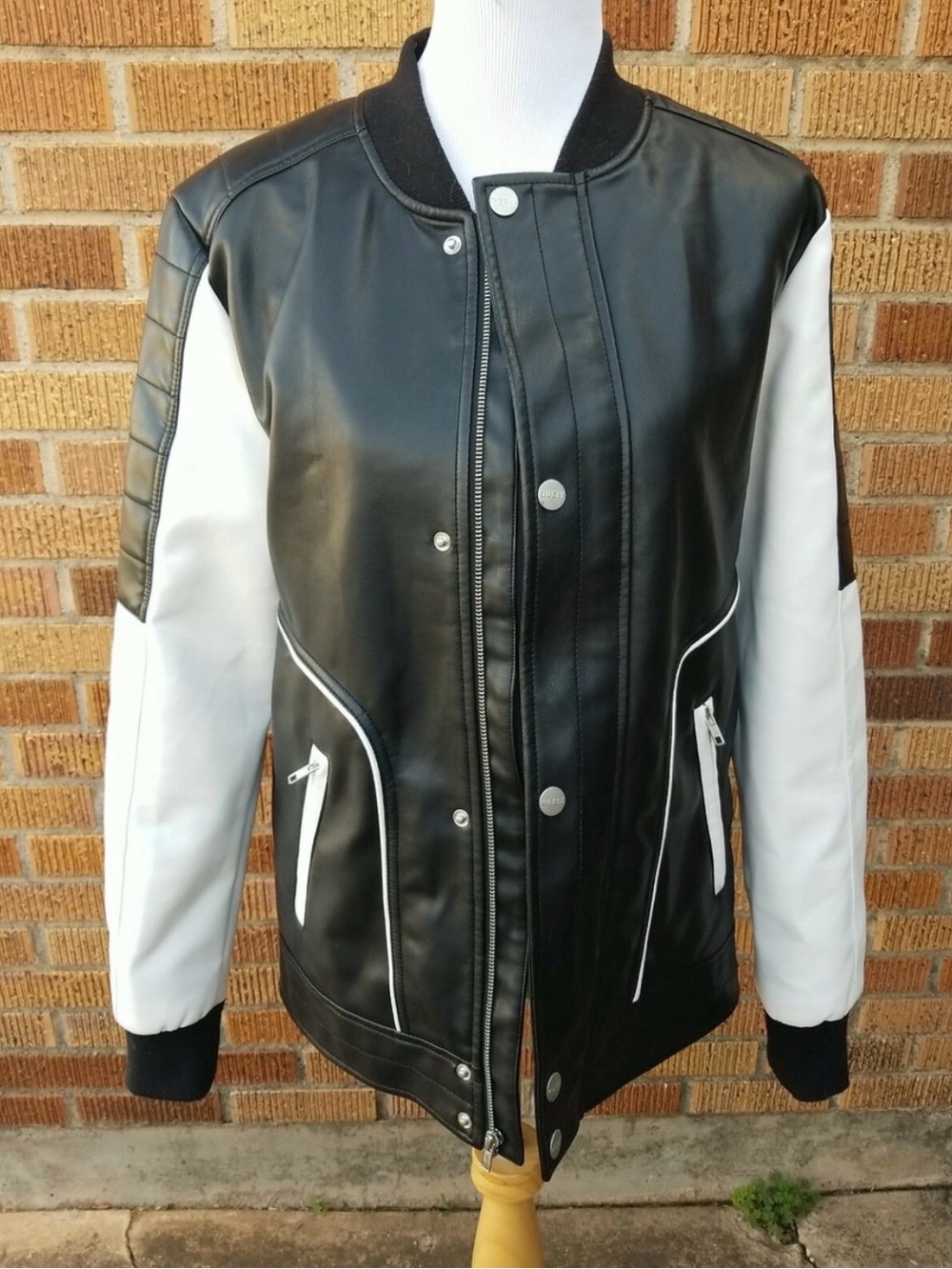 Black and White Faux Leather Bomber Jacket - Women's Stylish Baseball Coat